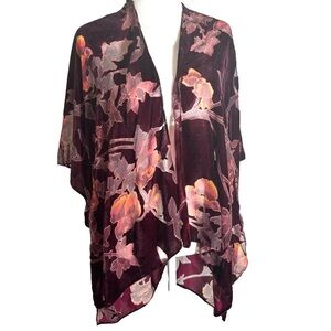 LA Soul Women's Burgundy Burn Out Velvet Semi Sheer‎ Kimono Cardigan in Size S/M